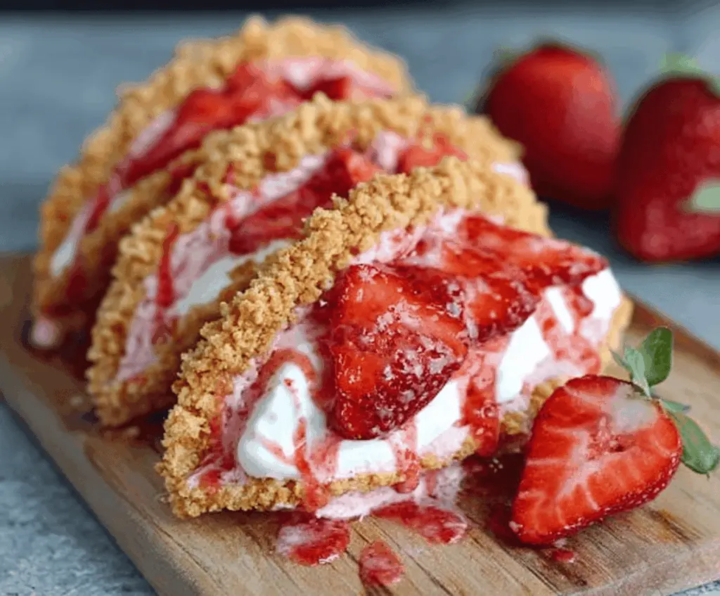 Delicious strawberry crunch cheesecake tacos topped with fresh strawberries and crunchy cookie crumbs.