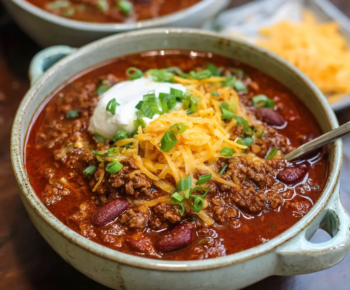 Hearty bowl of The Pioneer Woman chili with beans and ground beef ready to serve.