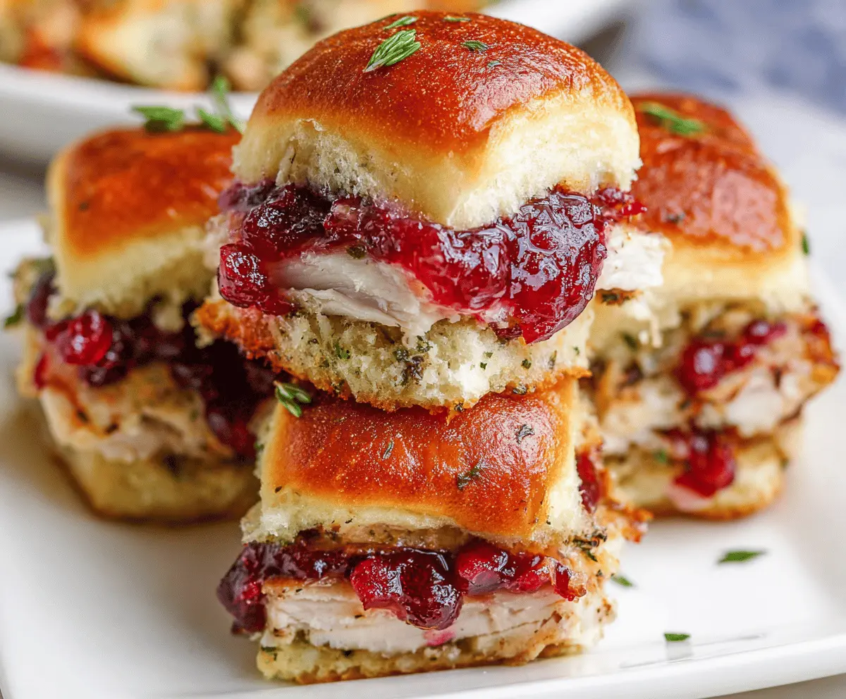 Delicious turkey cranberry sliders stacked with fresh ingredients on a platter.