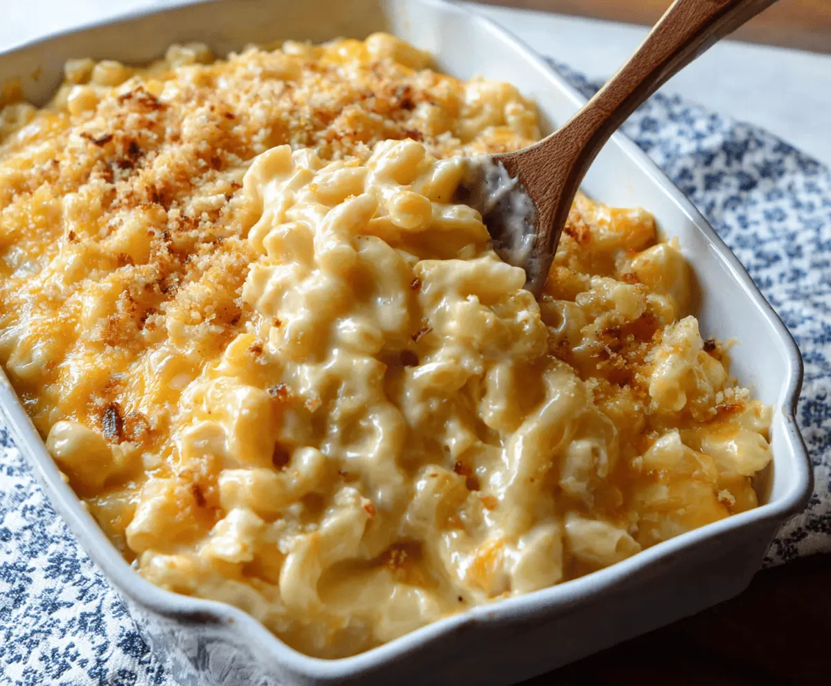 Creamy mac and cheese topped with melted cheese and herbs, perfect comfort food.