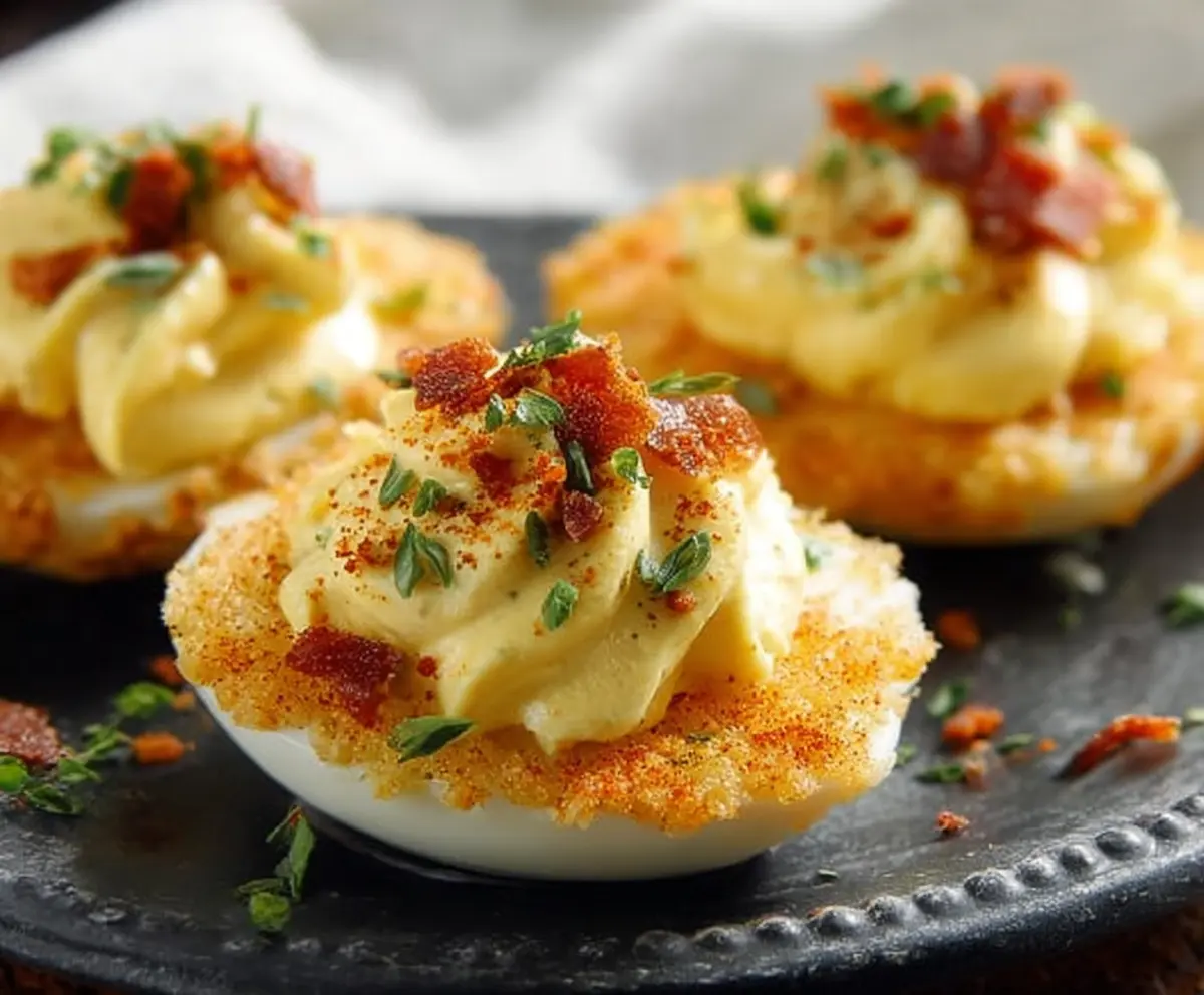 Delicious air fryer deviled eggs garnished with paprika and fresh herbs on a white plate