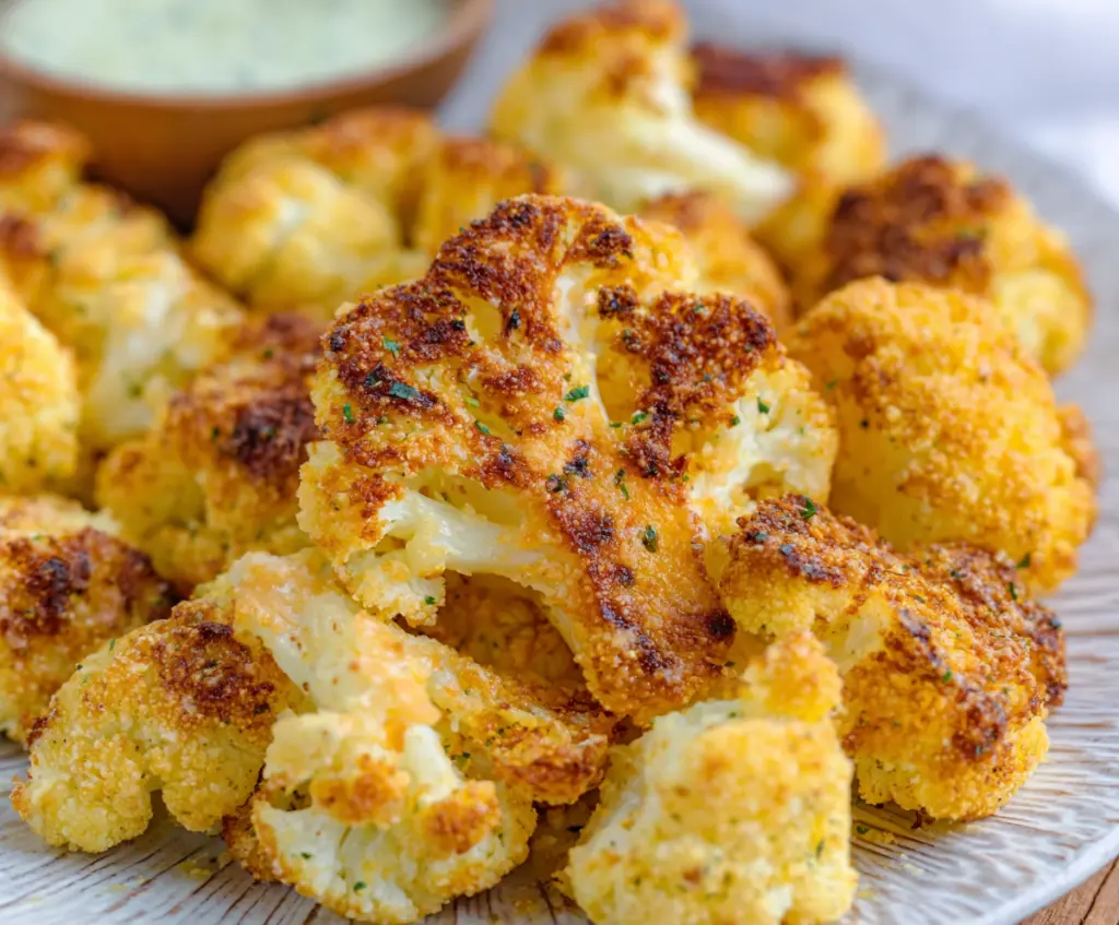 Golden roasted cauliflower florets coated with parmesan cheese cooked in an air fryer for a crispy, cheesy appetizer.