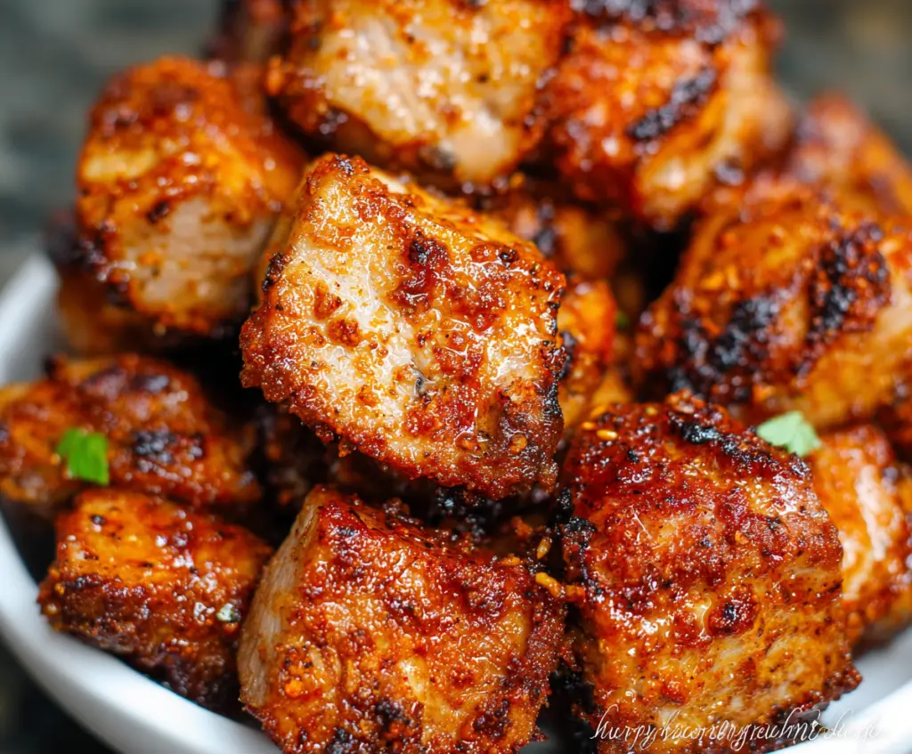 Crispy Air Fryer Pork Chop Bites served with fresh herbs and lemon slices
