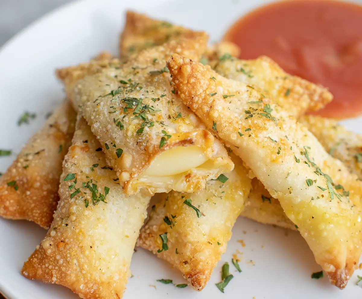 Crispy Air Fryer Wonton Mozzarella Sticks served with marinara sauce, perfect for a quick appetizer.