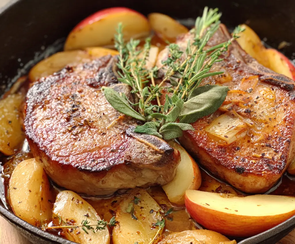 Juicy apple glazed pork chops served with fresh apple slices on a white plate.