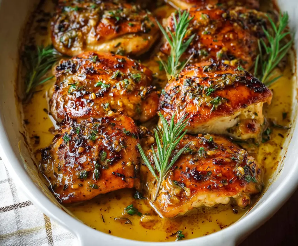Delicious baked honey Dijon chicken served on a plate with fresh herbs.