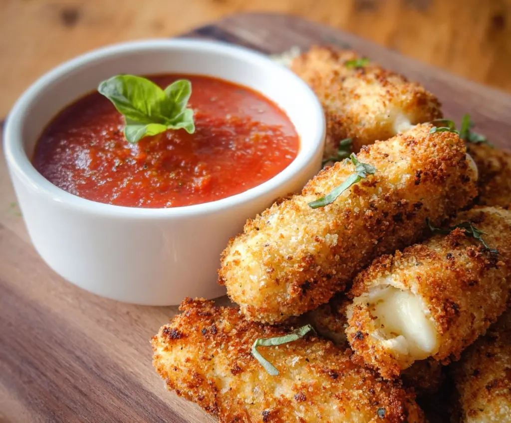Golden baked mozzarella sticks with crispy coating and melted cheese inside, perfect for snack time.