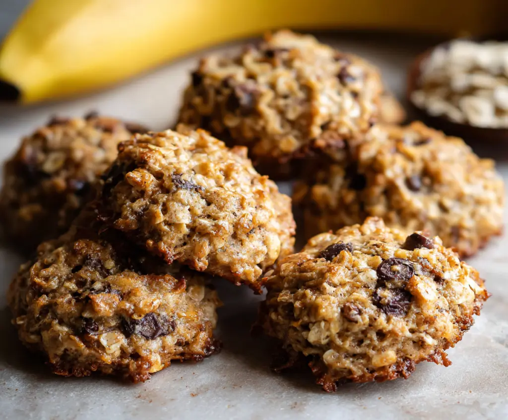 Homemade Banana Oatmeal Cookies on a Baking Sheet with Fresh Bananas and Oats
