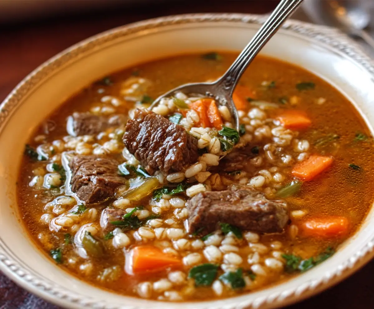 Hearty beef and barley soup in a bowl with fresh herbs on a rustic wooden table.