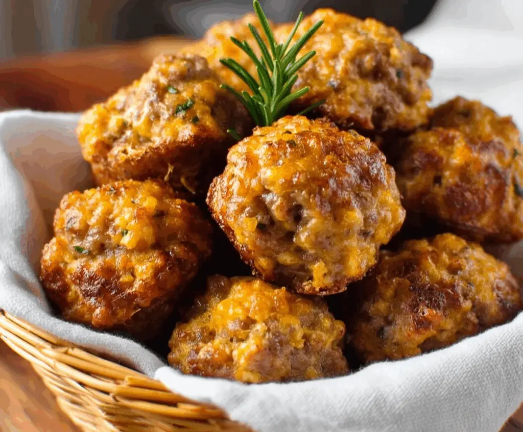Golden Bisquick sausage balls served on a plate, perfect for snacks or parties.