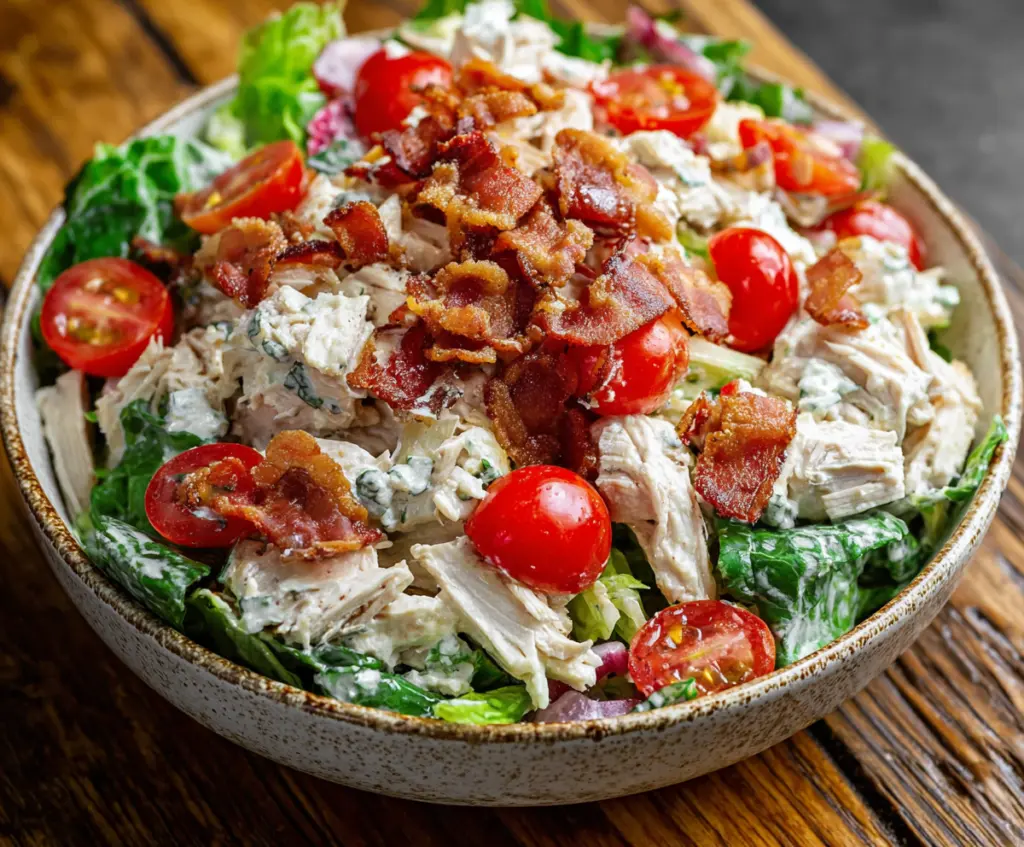 Delicious BLT Chicken Salad featuring crispy bacon, fresh lettuce, and tender grilled chicken on a white plate.