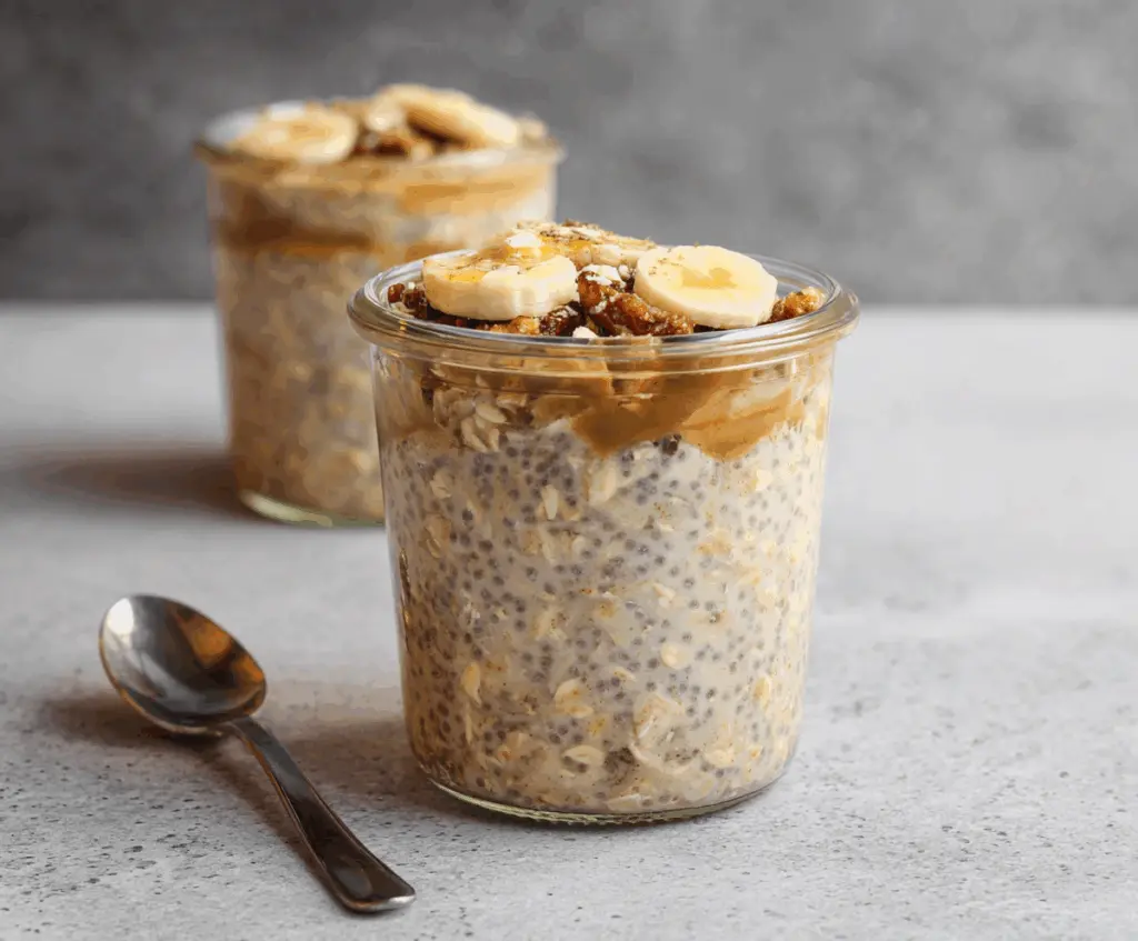 Creamy brown sugar overnight oats in a jar topped with fresh berries for a delicious breakfast.