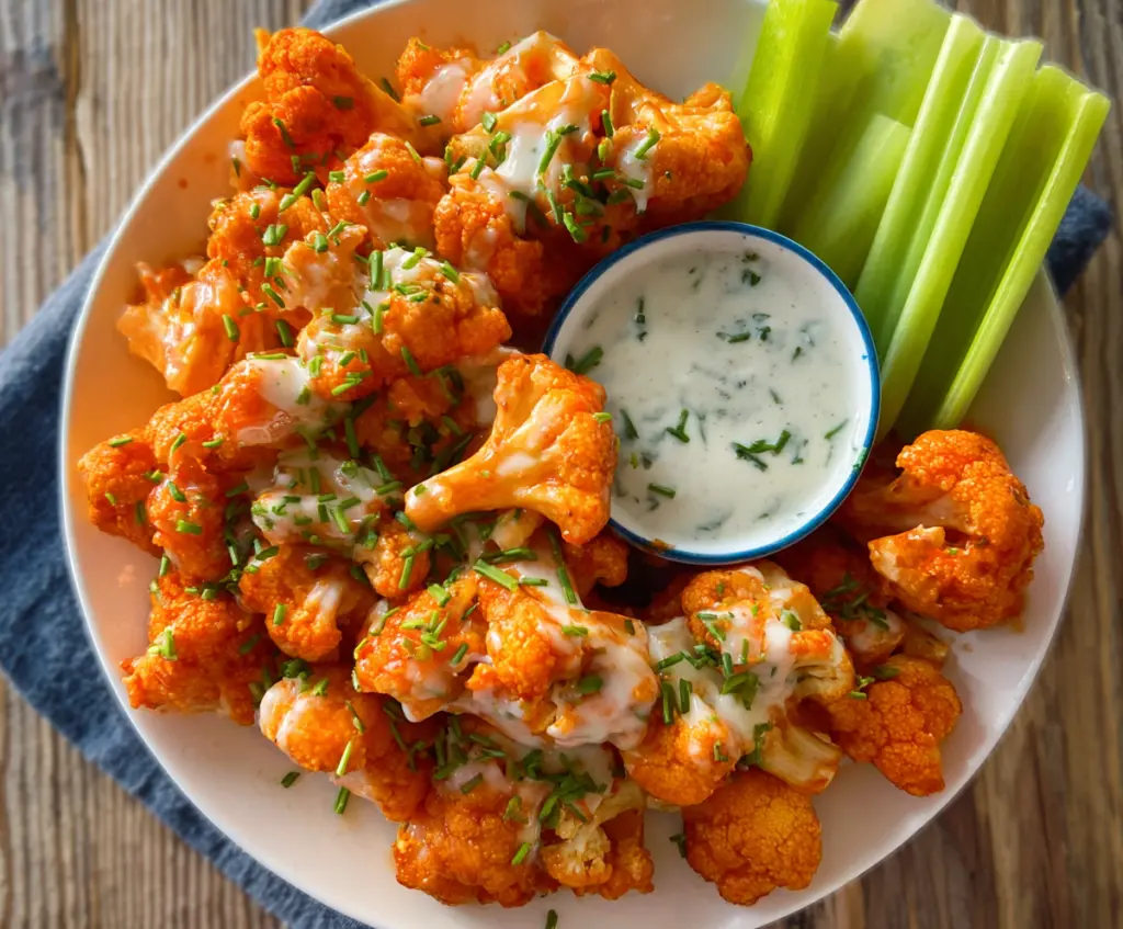 Spicy Buffalo Cauliflower Bites served with celery sticks and blue cheese dip on a plate.