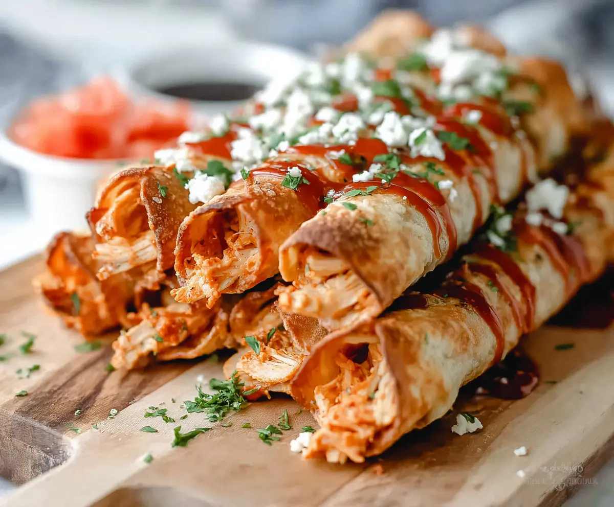 Crispy Buffalo Chicken Taquitos on a platter with dipping sauce, perfect snack or appetizer.