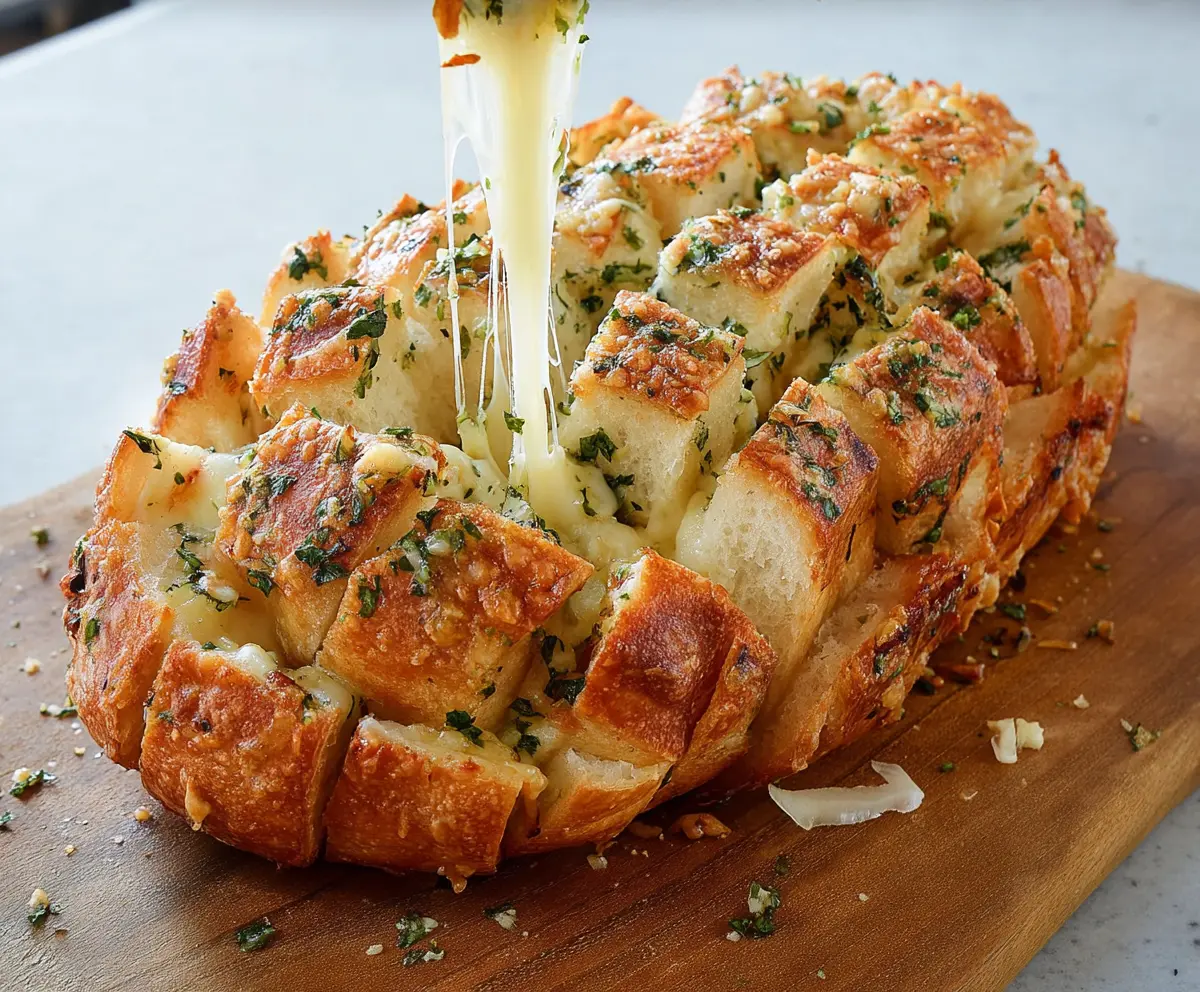 Delicious cheesy pull apart garlic bread topped with melted cheese and fresh garlic.