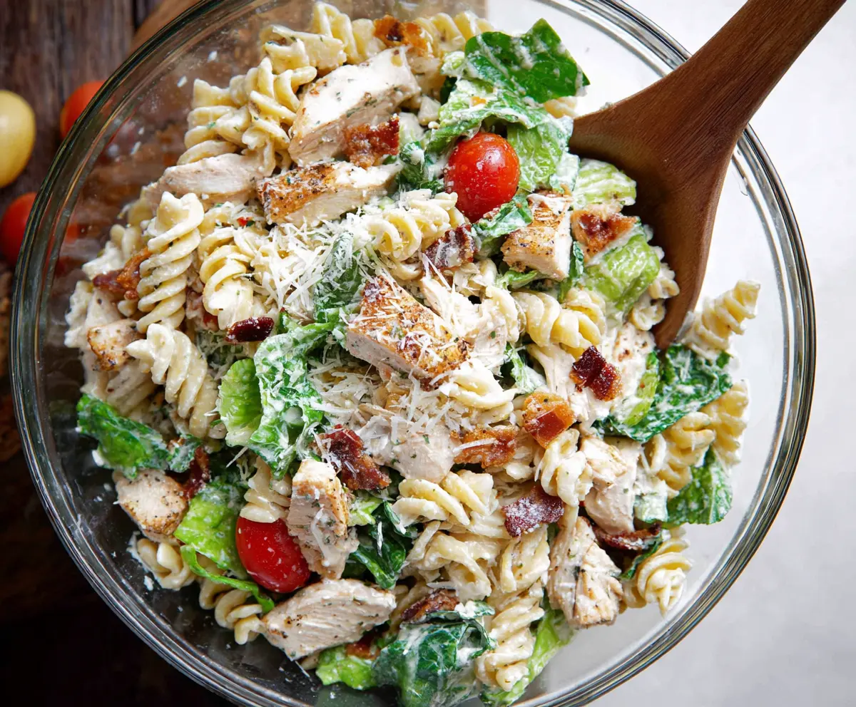 Fresh Chicken Caesar Pasta Salad with romaine lettuce, grilled chicken, and parmesan cheese in a colorful bowl.