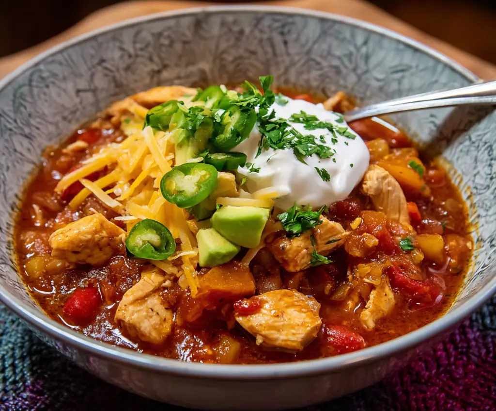 Delicious homemade chicken chili with beans and spices in a bowl, perfect for a cozy meal
