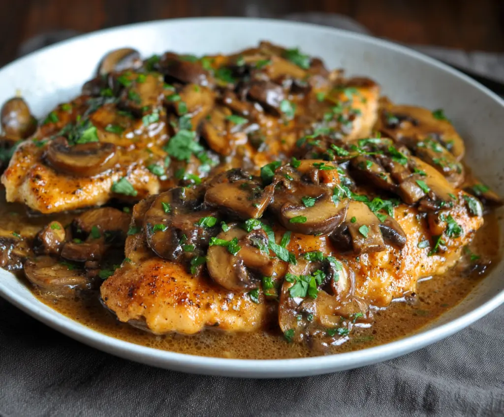 Delicious Chicken Marsala dish with tender chicken breasts cooked in rich mushroom and Marsala wine sauce.