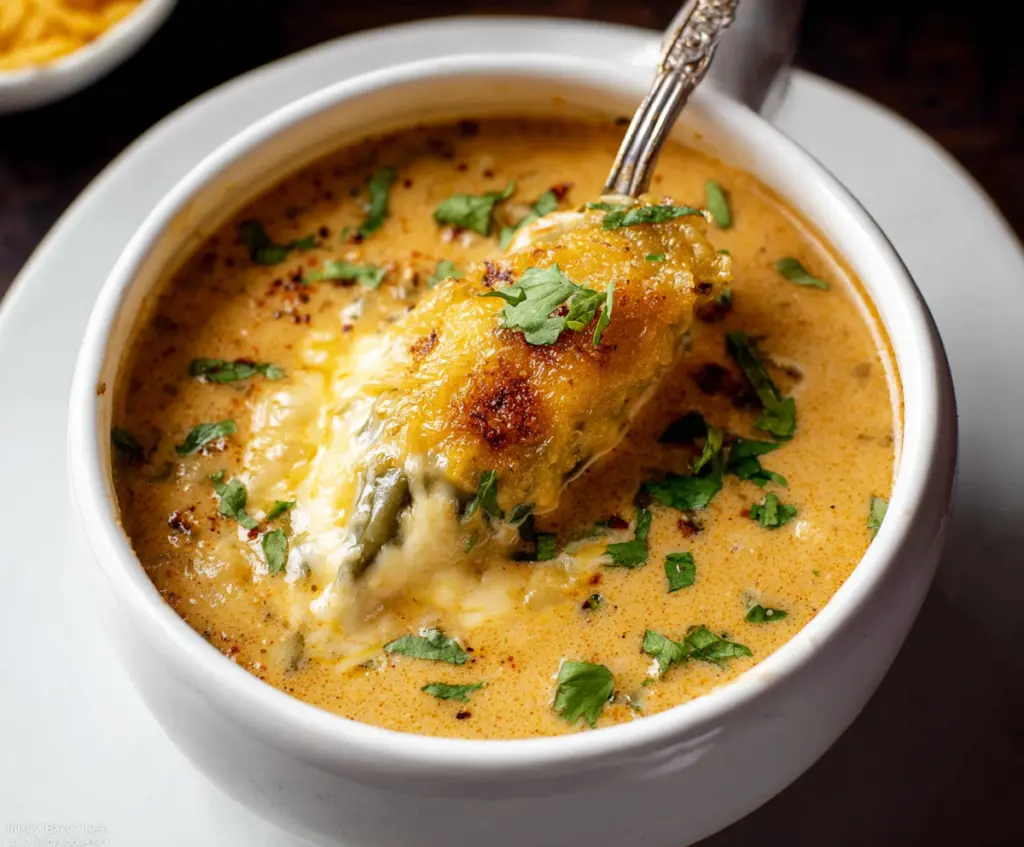Hearty Chile Relleno Soup with melted cheese and fresh herbs in a rustic bowl