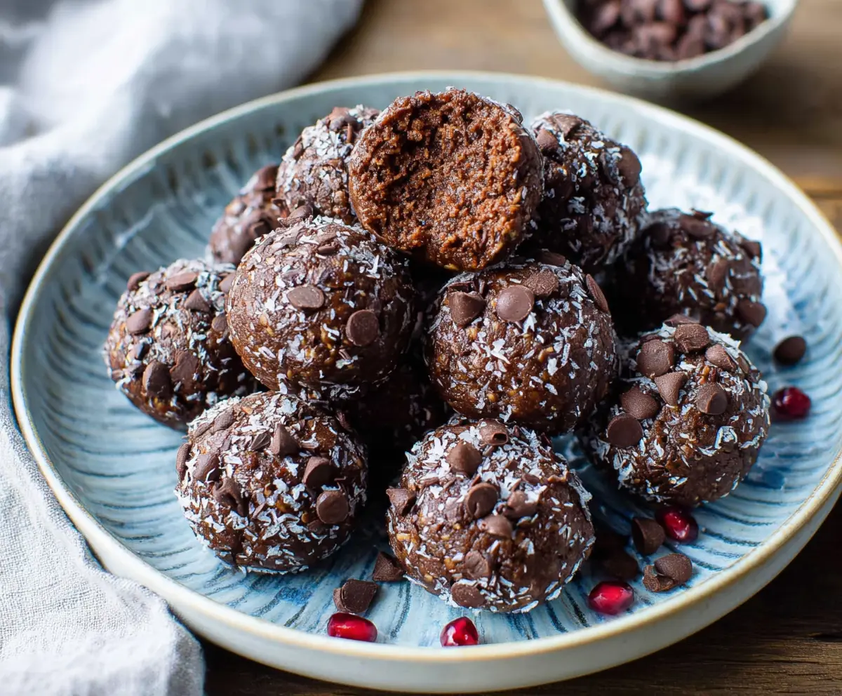 Decadent chocolate brownie protein balls on a white plate, perfect for a healthy snack.
