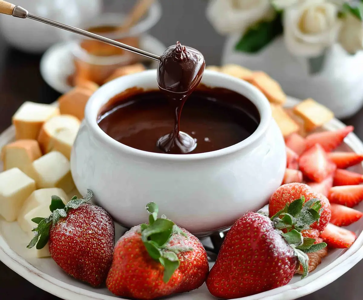 Delicious chocolate fondue for two with fresh strawberries and marshmallows on a romantic dinner table.