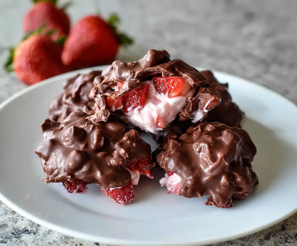 Delicious chocolate strawberry yogurt clusters with a glossy finish and fresh strawberries on top.