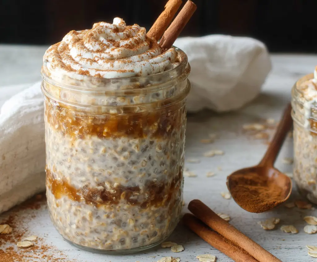 Delicious cinnamon roll overnight oats in a glass jar topped with cinnamon and a swirl of icing.
