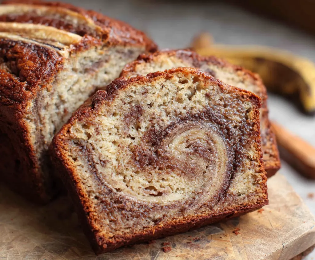 Delicious cinnamon swirl banana bread fresh out of the oven with a golden-brown crust.