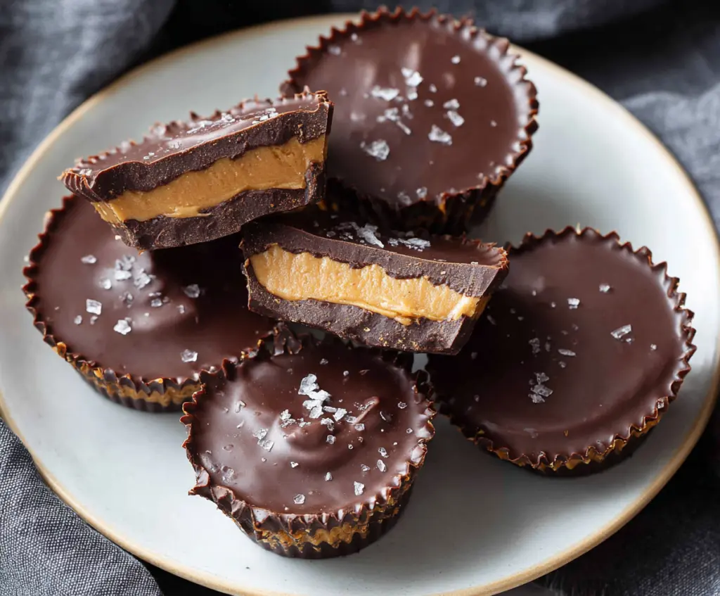 Delicious homemade Reese’s peanut butter cups on a plate with creamy peanut butter filling and rich chocolate coating.