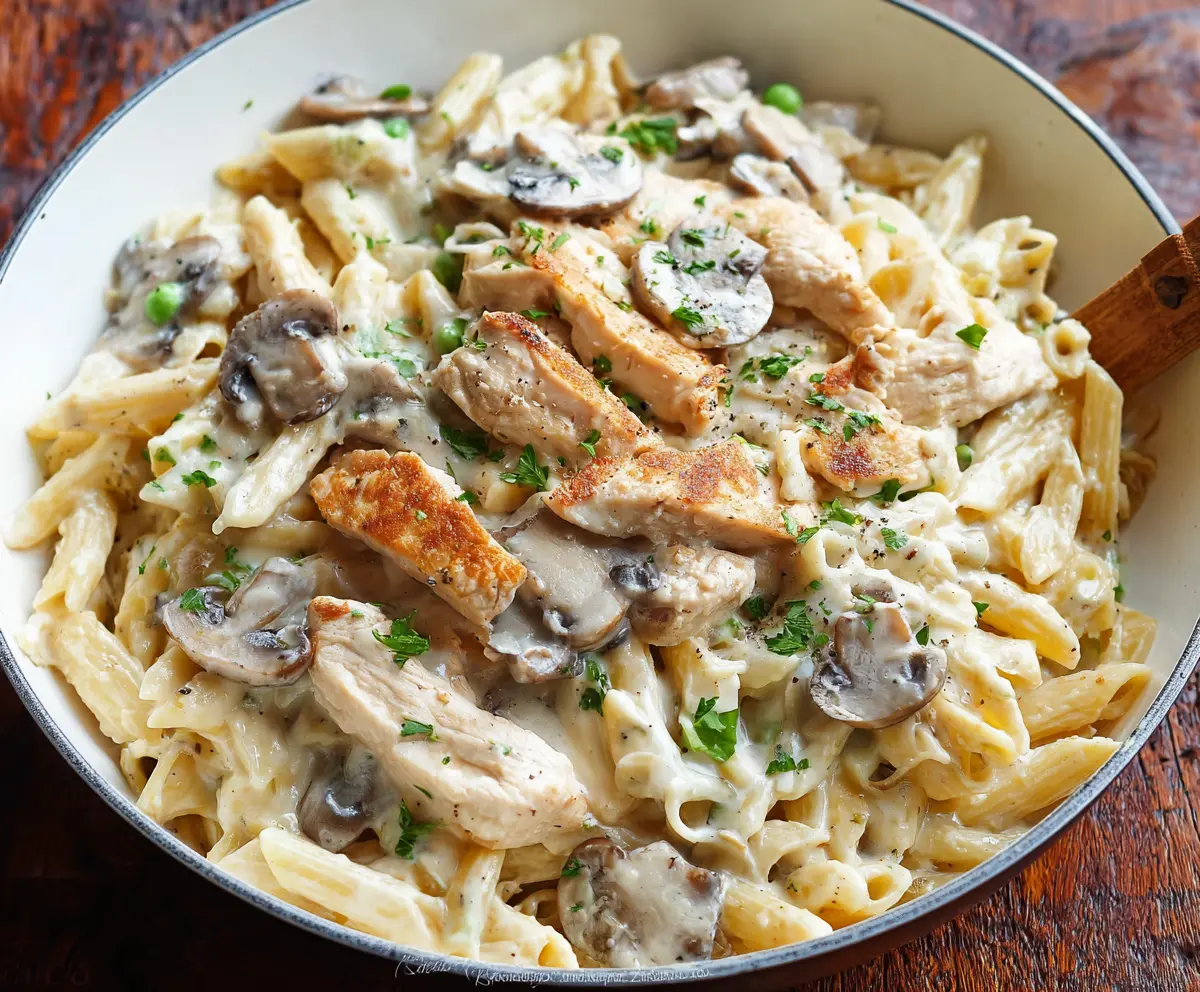 Delicious creamy chicken Alfredo served over pasta with rich sauce and herbs.