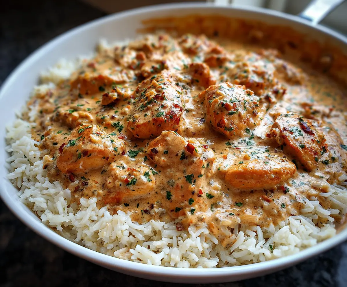Creamy smothered chicken served over rice with a rich, flavorful sauce.