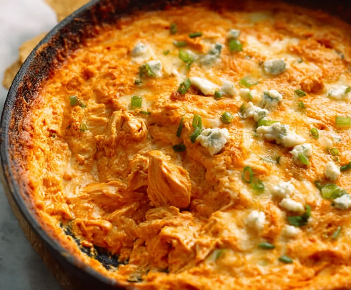 Creamy spicy buffalo chicken dip in a bowl topped with green onions, perfect for parties or game day snacks.