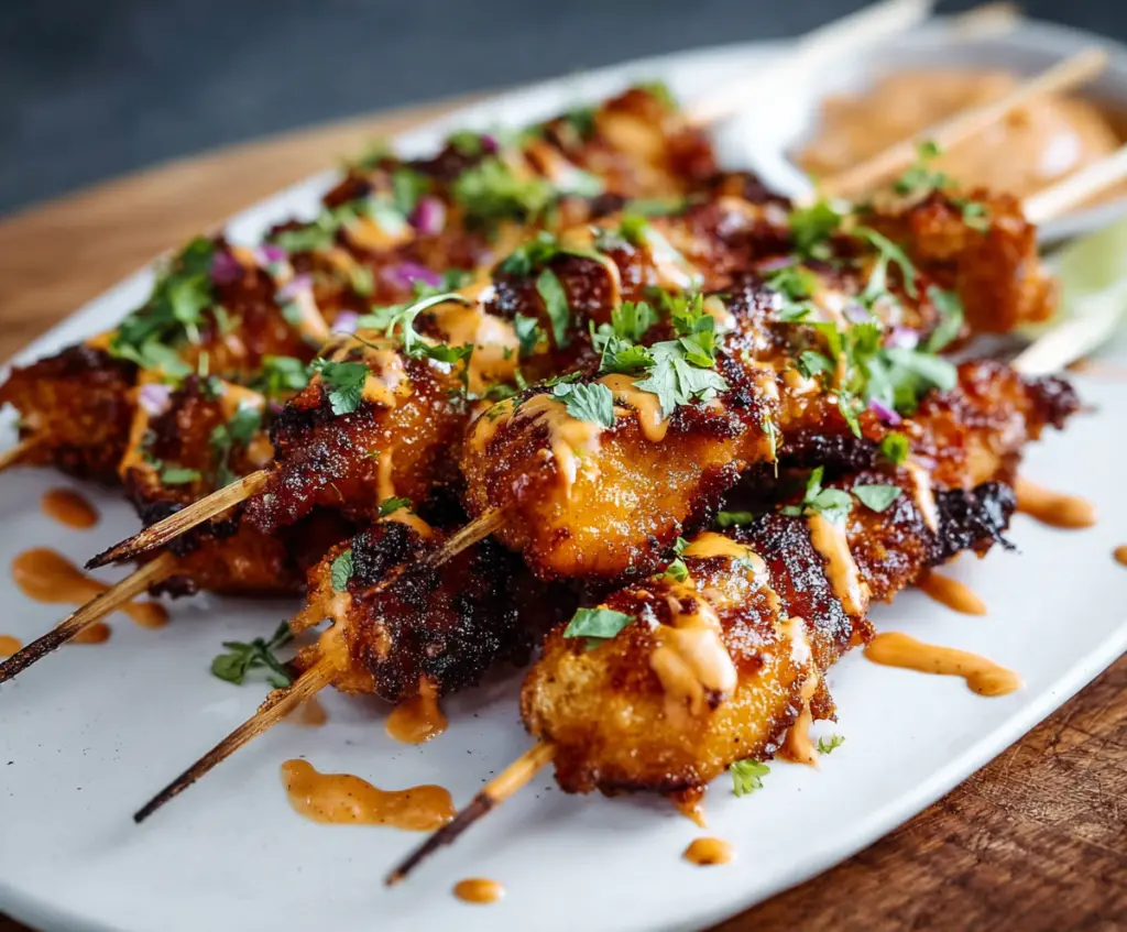 Close-up of crispy Bang Bang Chicken skewers garnished with fresh herbs on a serving platter.