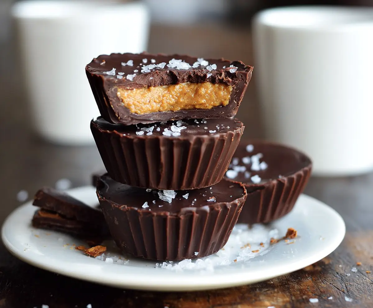 Delicious dark chocolate almond butter cups topped with crunchy almonds for a sweet treat.