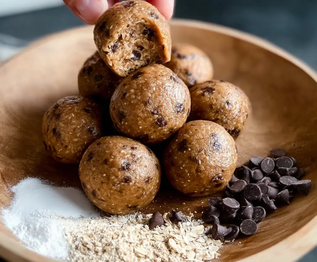 Homemade Kodiak Cakes protein balls on a plate, healthy snack with oats, nuts, and chocolate chips.