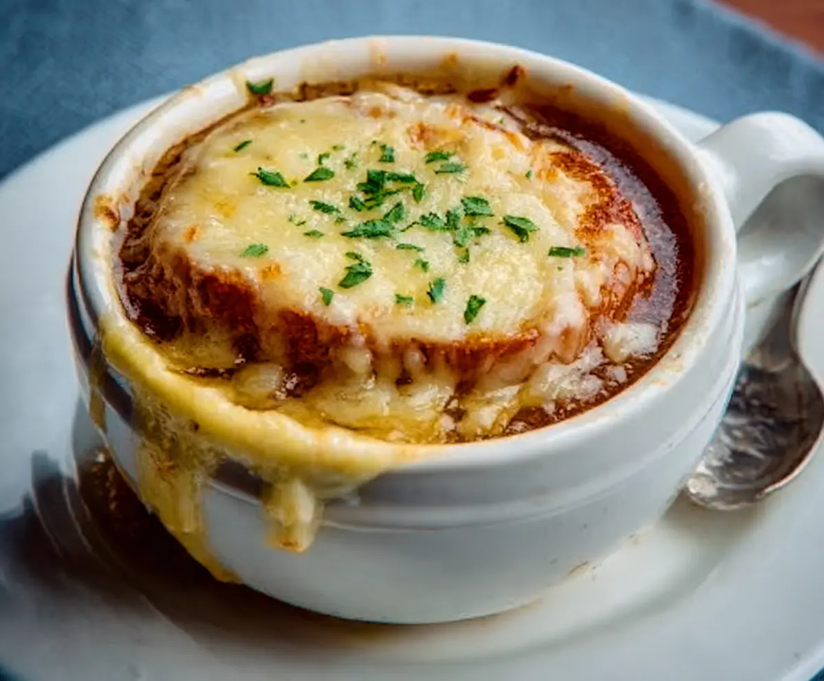 Delicious homemade French Onion Soup with melted cheese and caramelized onions in a rustic bowl.