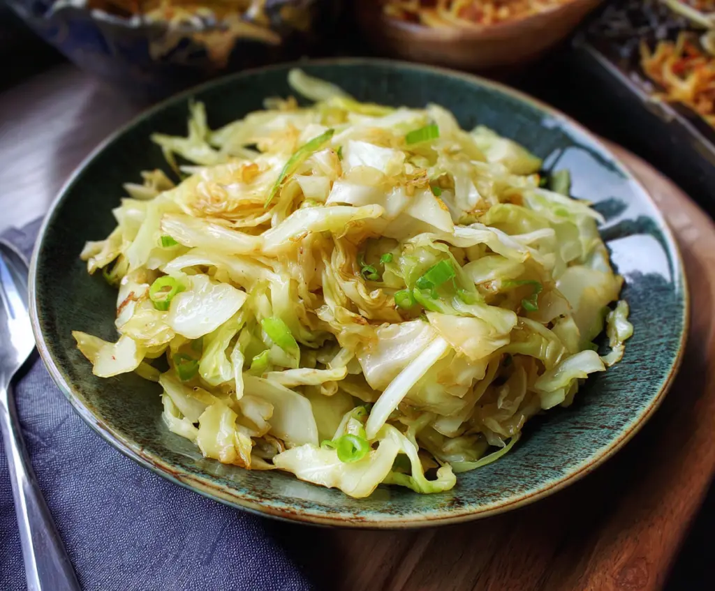 Delicious garlic butter sautéed cabbage served on a white plate, garnished with herbs for a flavorful side dish.