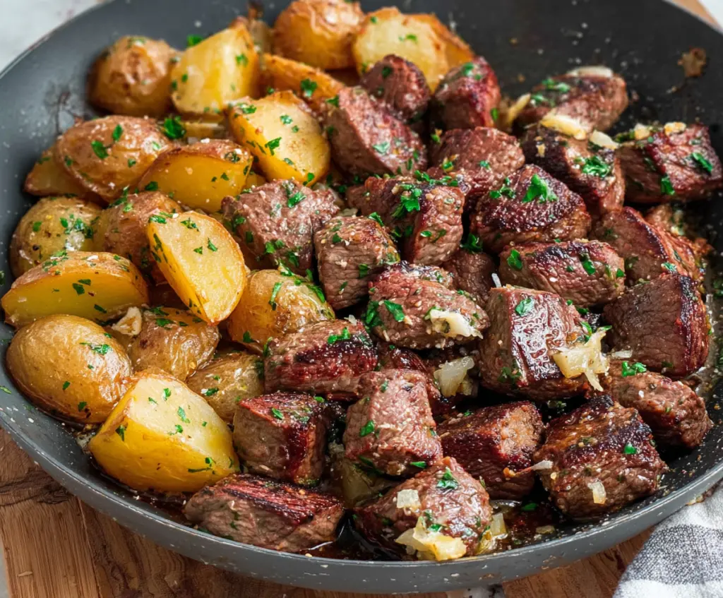 Savory garlic butter steak bites served with crispy golden potatoes on a rustic plate.
