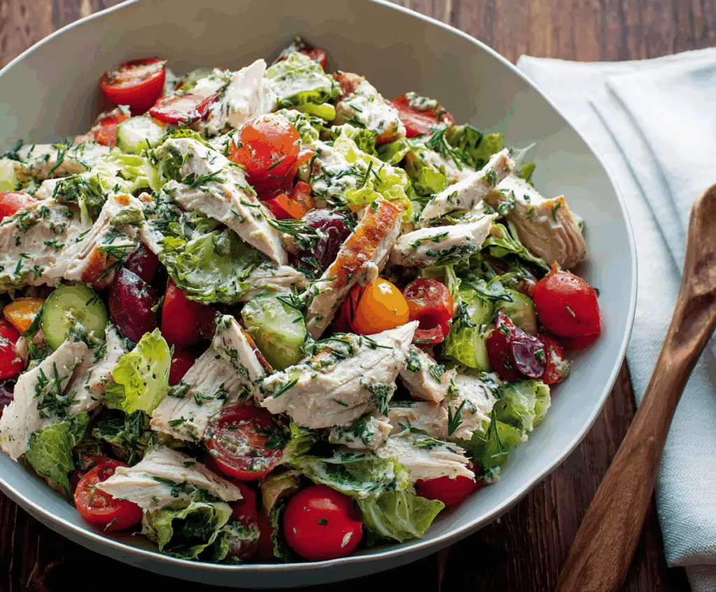 Delicious Green Goddess Chicken Salad with fresh herbs and vibrant greens.