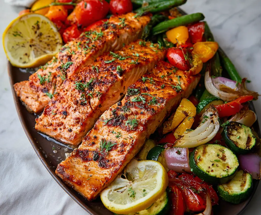 Delicious grilled salmon served with a colorful array of roasted vegetables.