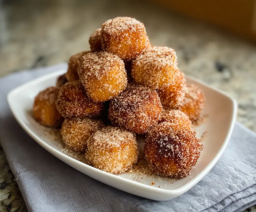 Delicious healthy air fryer churro bites served on a plate, crispy and golden brown, perfect for a guilt-free snack.