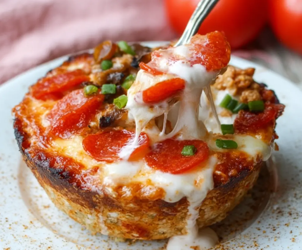 Healthy cottage cheese pizza bowl with fresh vegetables and melted cheese in a bowl.