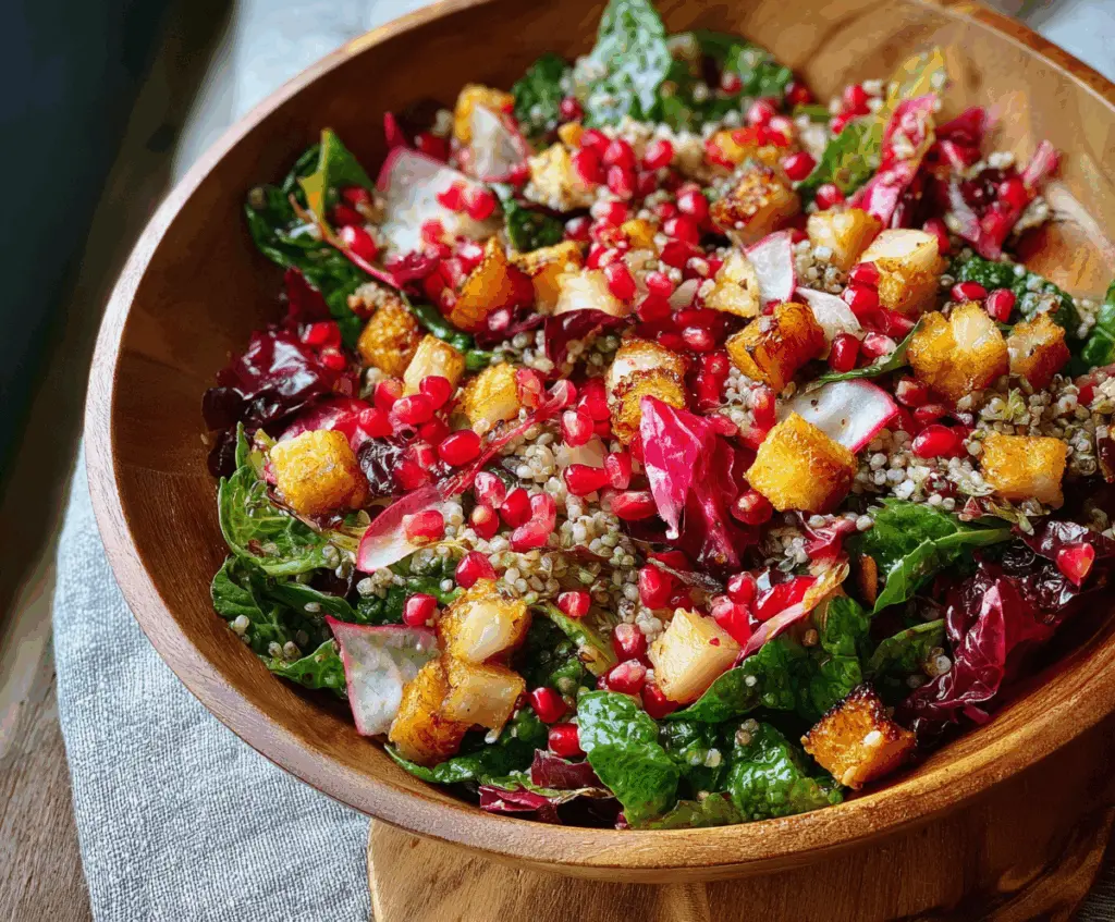 Colorful winter salad with fresh greens, pomegranate seeds, and nuts for a healthy seasonal meal.