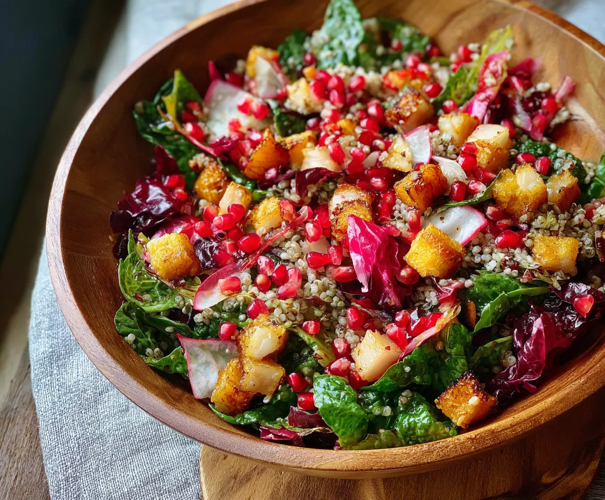 Colorful winter salad with fresh greens, pomegranate seeds, and nuts for a healthy seasonal meal.