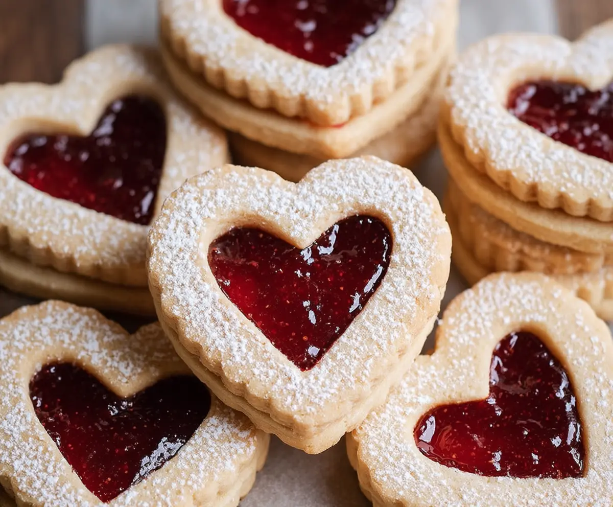 Delicious Heart Jam Cookies with vibrant pink jam filling and a golden cookie exterior on a white plate.