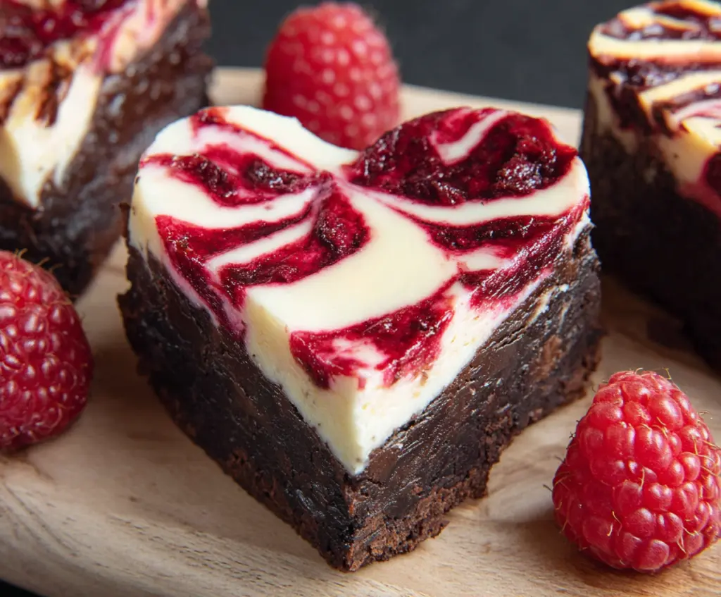 Delicious heart-shaped brownies with raspberry swirl and cheesecake topping for a romantic dessert.