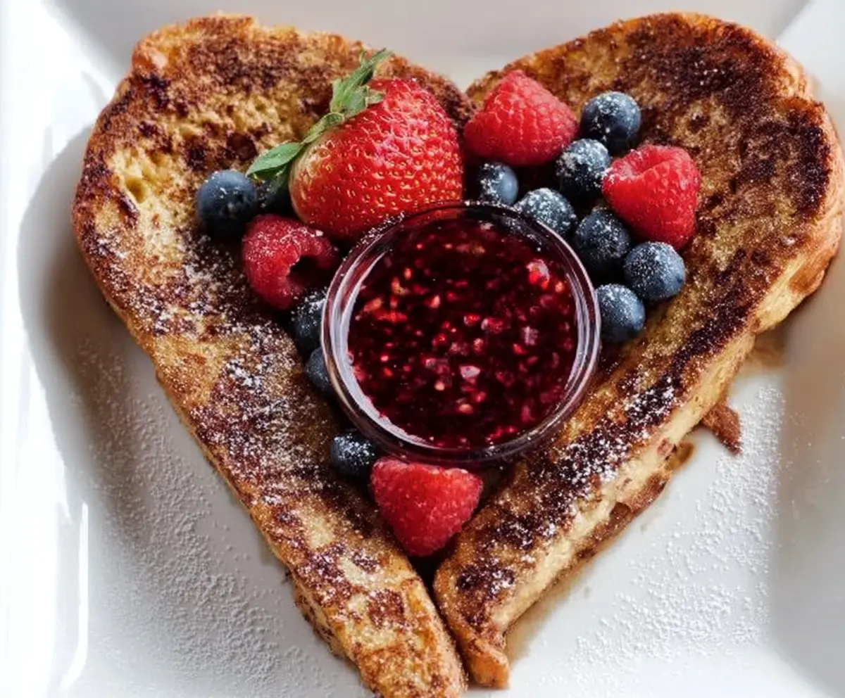 Heart-shaped French toast topped with berry compote and fresh berries, perfect for a romantic breakfast.