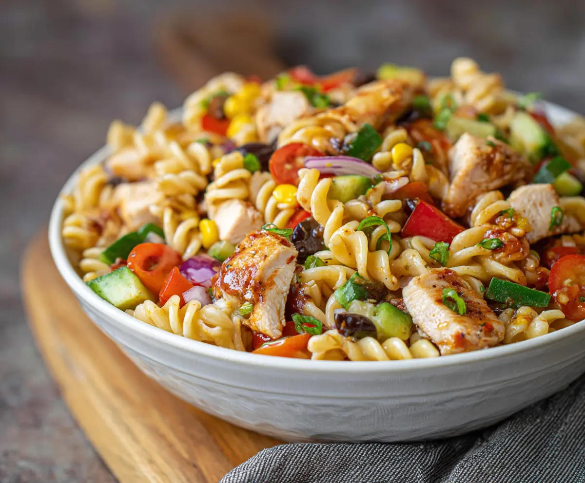 High Protein BBQ Chicken Pasta Salad