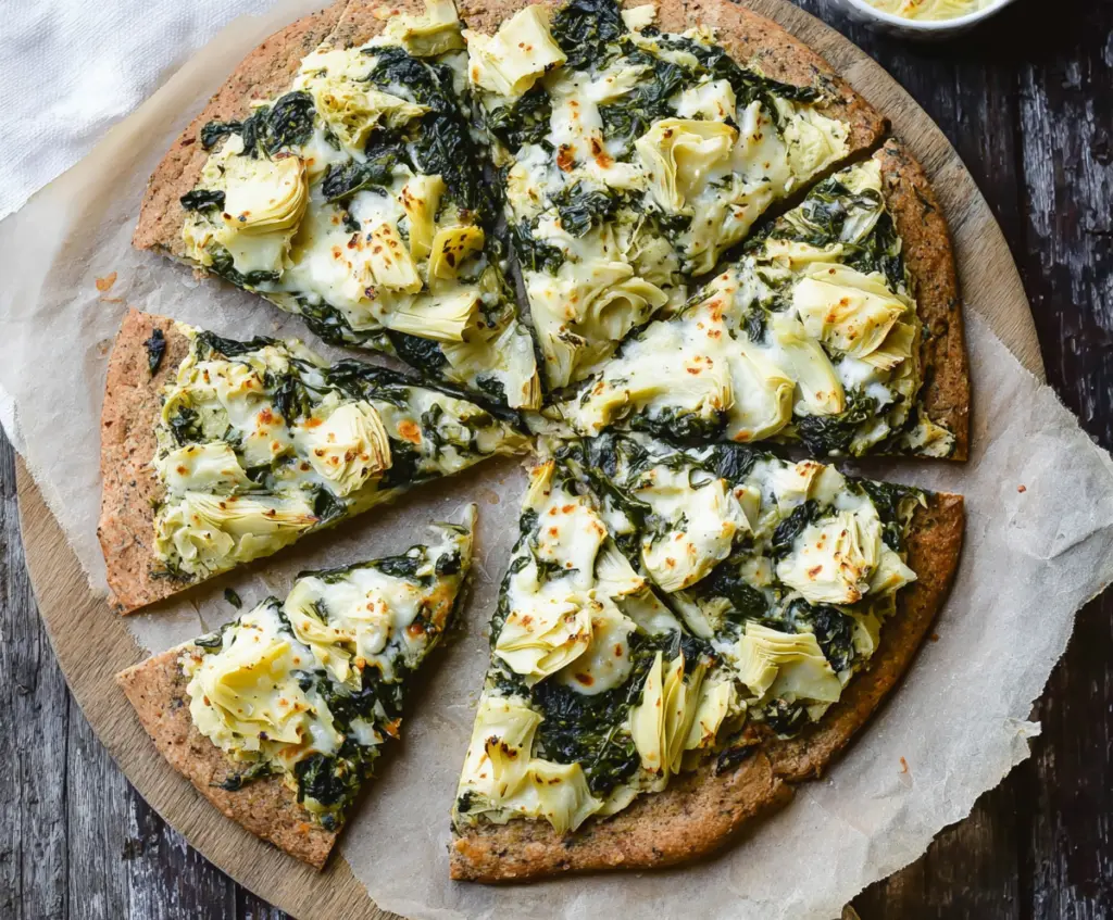Delicious high protein spinach and artichoke pizza topped with fresh ingredients.