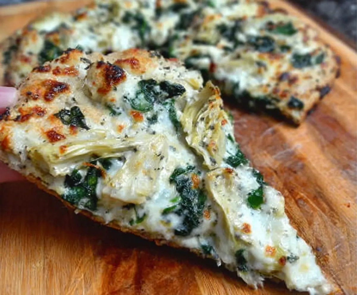 High Protein Spinach Artichoke Pizza